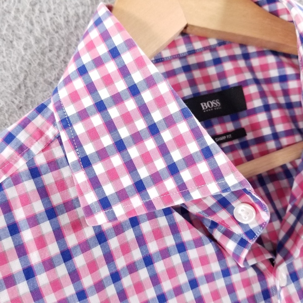 Hugo Boss Shirt Mens 15.5 Medium Pink Blue Plaid Sharp Fit Button Down Miles